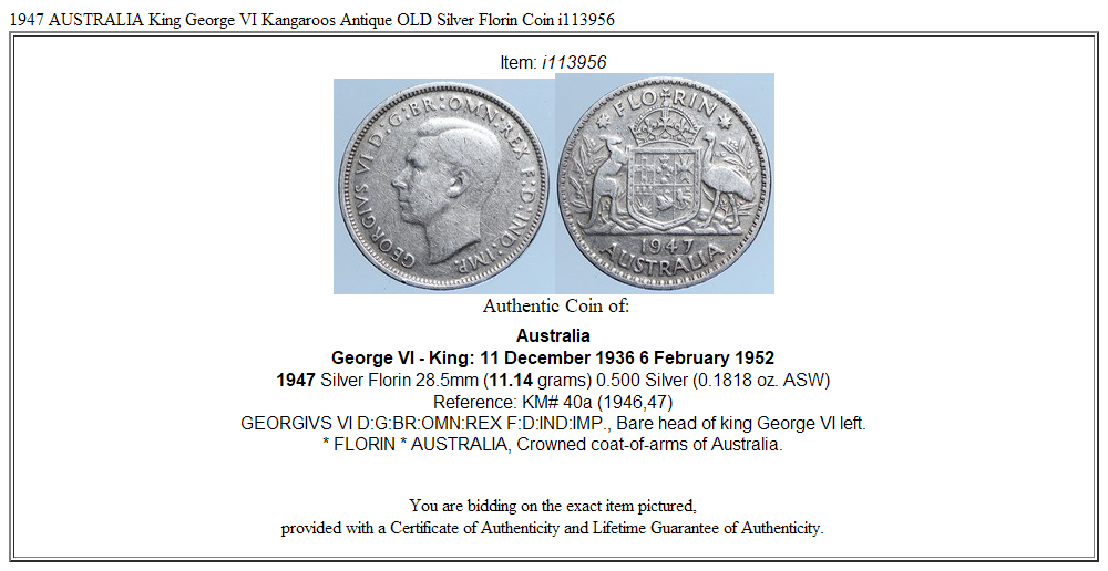 1947 AUSTRALIA King George VI Kangaroos Antique OLD Silver Florin Coin i113956