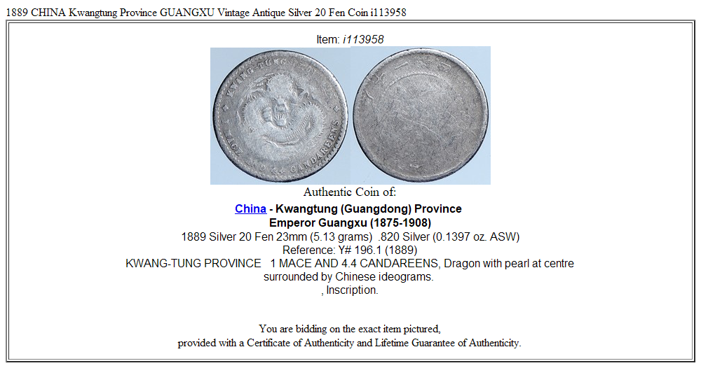 1889 CHINA Kwangtung Province GUANGXU Vintage Antique Silver 20 Fen Coin i113958