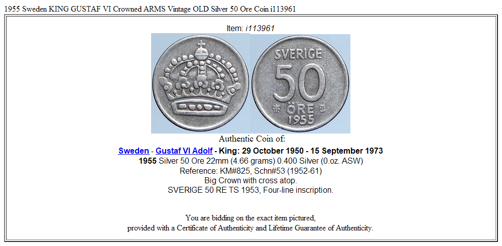 1955 Sweden KING GUSTAF VI Crowned ARMS Vintage OLD Silver 50 Ore Coin i113961