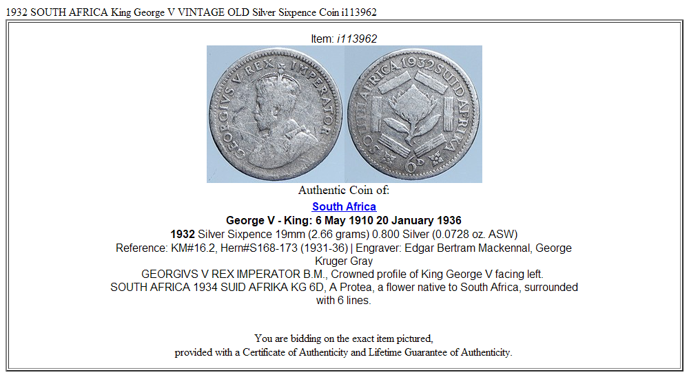 1932 SOUTH AFRICA King George V VINTAGE OLD Silver Sixpence Coin i113962