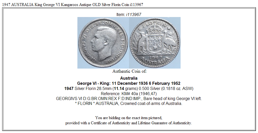 1947 AUSTRALIA King George VI Kangaroos Antique OLD Silver Florin Coin i113967