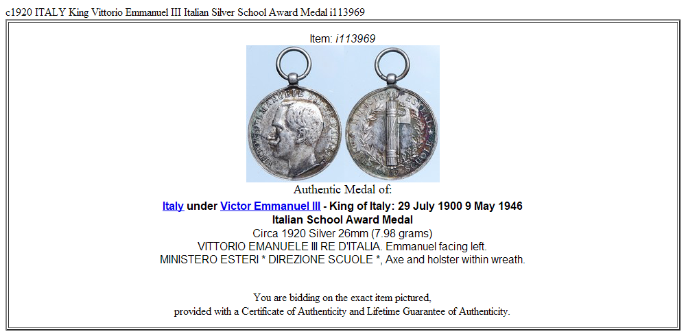 c1920 ITALY King Vittorio Emmanuel III Italian Silver School Award Medal i113969