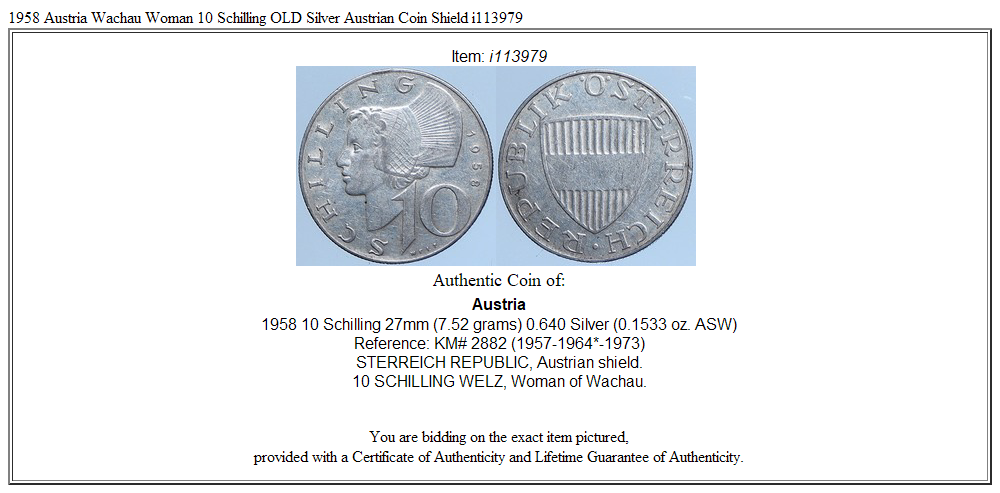 1958 Austria Wachau Woman 10 Schilling OLD Silver Austrian Coin Shield i113979