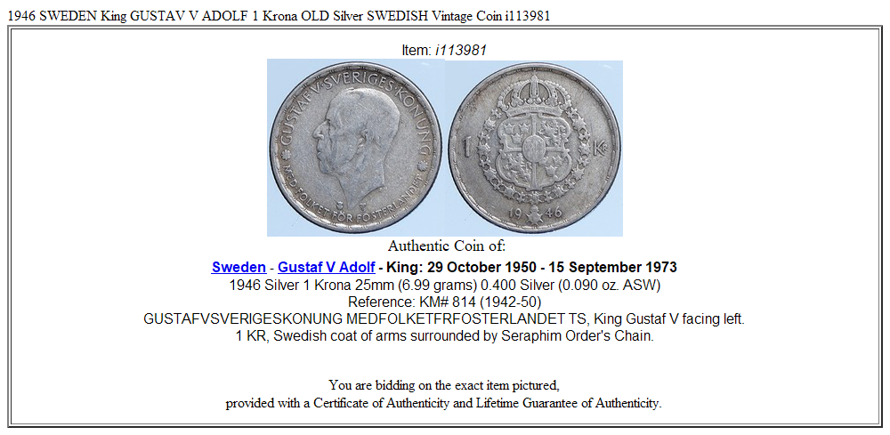 1946 SWEDEN King GUSTAV V ADOLF 1 Krona OLD Silver SWEDISH Vintage Coin i113981