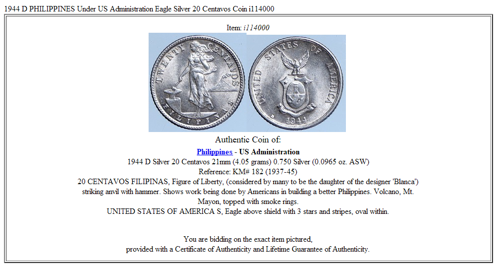 1944 D PHILIPPINES Under US Administration Eagle Silver 20 Centavos Coin i114000