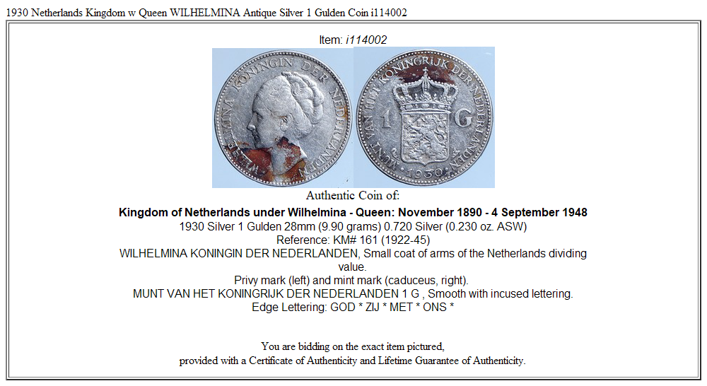 1930 Netherlands Kingdom w Queen WILHELMINA Antique Silver 1 Gulden Coin i114002