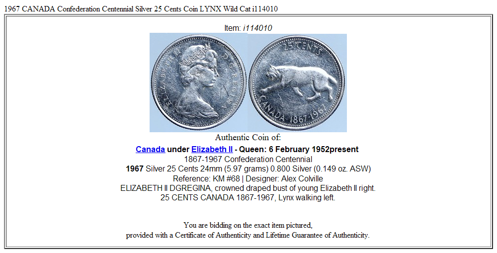 1967 CANADA Confederation Centennial Silver 25 Cents Coin LYNX Wild Cat i114010