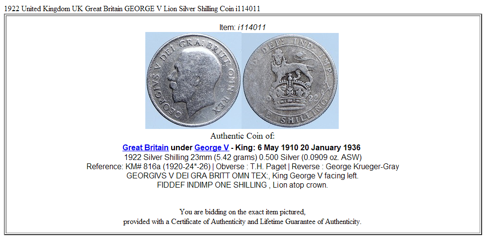 1922 United Kingdom UK Great Britain GEORGE V Lion Silver Shilling Coin i114011