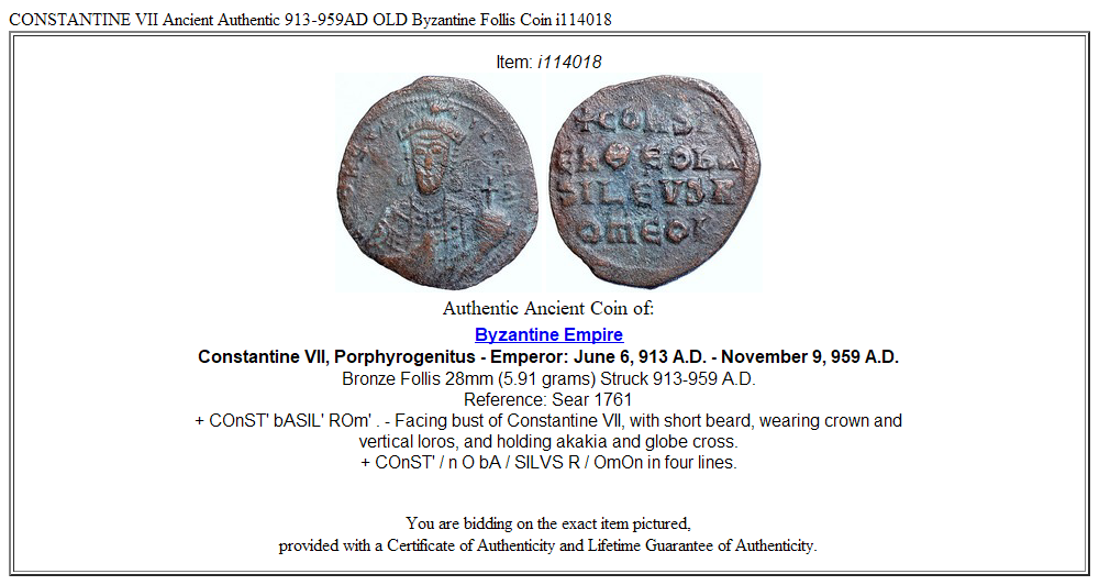 CONSTANTINE VII Ancient Authentic 913-959AD OLD Byzantine Follis Coin i114018