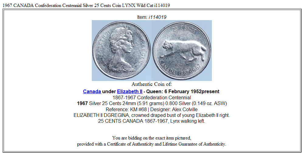 1967 CANADA Confederation Centennial Silver 25 Cents Coin LYNX Wild Cat i114019