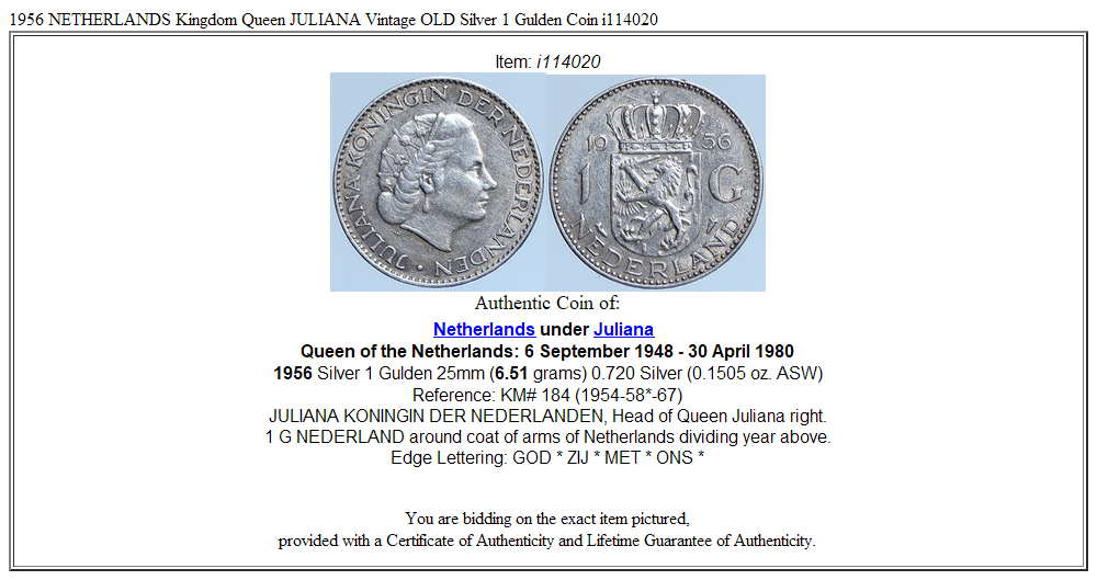 1956 NETHERLANDS Kingdom Queen JULIANA Vintage OLD Silver 1 Gulden Coin i114020