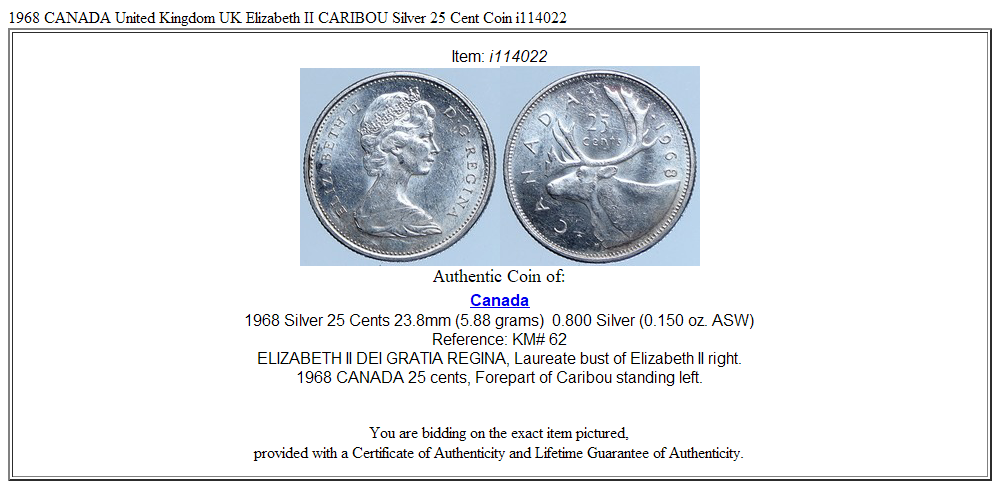 1968 CANADA United Kingdom UK Elizabeth II CARIBOU Silver 25 Cent Coin i114022