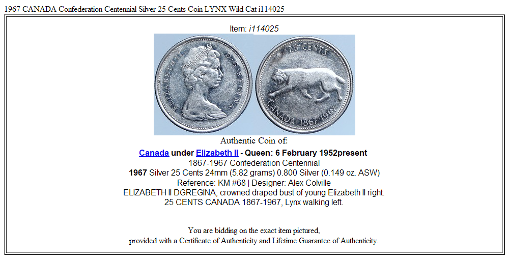 1967 CANADA Confederation Centennial Silver 25 Cents Coin LYNX Wild Cat i114025