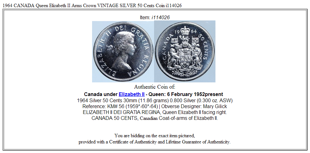 1964 CANADA Queen Elizabeth II Arms Crown VINTAGE SILVER 50 Cents Coin i114026