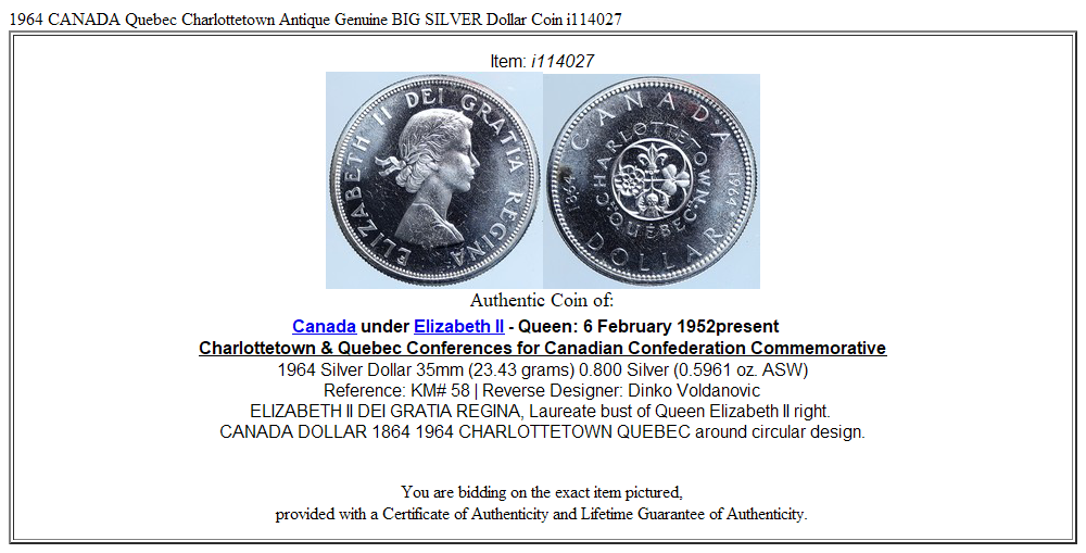 1964 CANADA Quebec Charlottetown Antique Genuine BIG SILVER Dollar Coin i114027