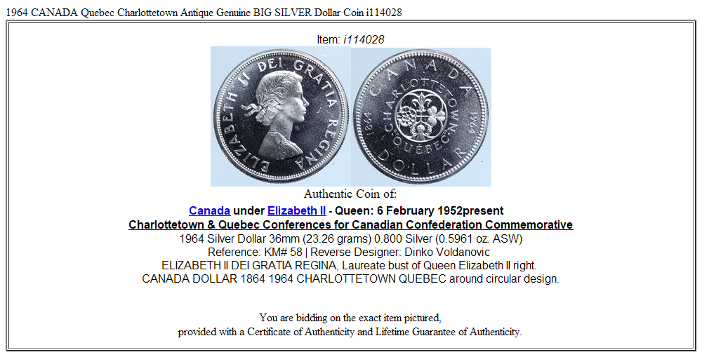 1964 CANADA Quebec Charlottetown Antique Genuine BIG SILVER Dollar Coin i114028