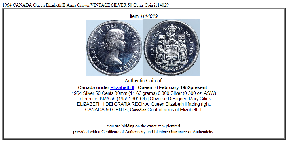 1964 CANADA Queen Elizabeth II Arms Crown VINTAGE SILVER 50 Cents Coin i114029