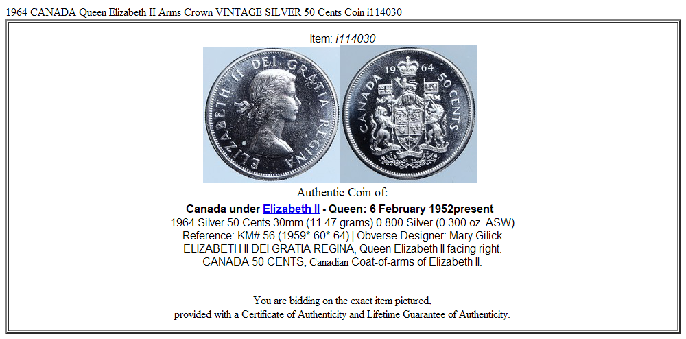 1964 CANADA Queen Elizabeth II Arms Crown VINTAGE SILVER 50 Cents Coin i114030