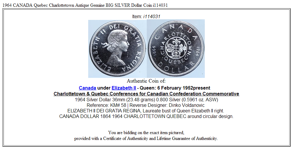 1964 CANADA Quebec Charlottetown Antique Genuine BIG SILVER Dollar Coin i114031