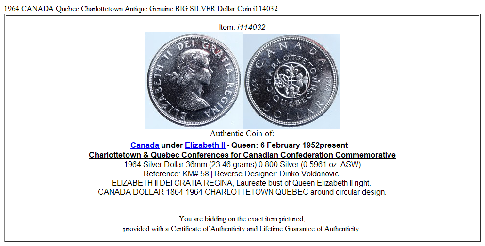 1964 CANADA Quebec Charlottetown Antique Genuine BIG SILVER Dollar Coin i114032