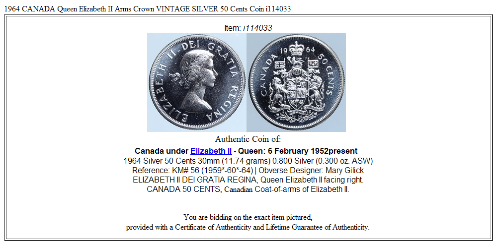 1964 CANADA Queen Elizabeth II Arms Crown VINTAGE SILVER 50 Cents Coin i114033