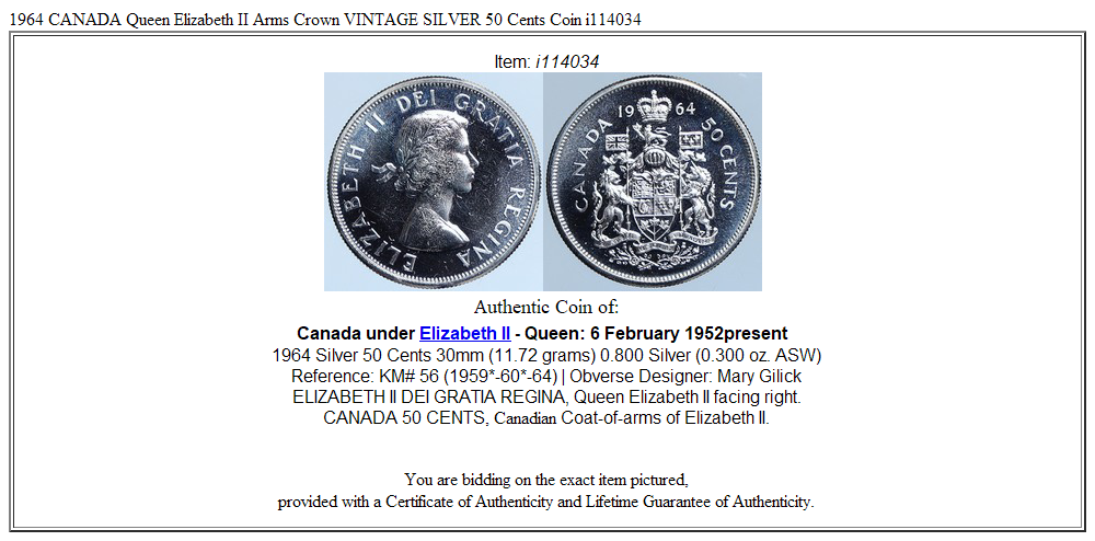 1964 CANADA Queen Elizabeth II Arms Crown VINTAGE SILVER 50 Cents Coin i114034