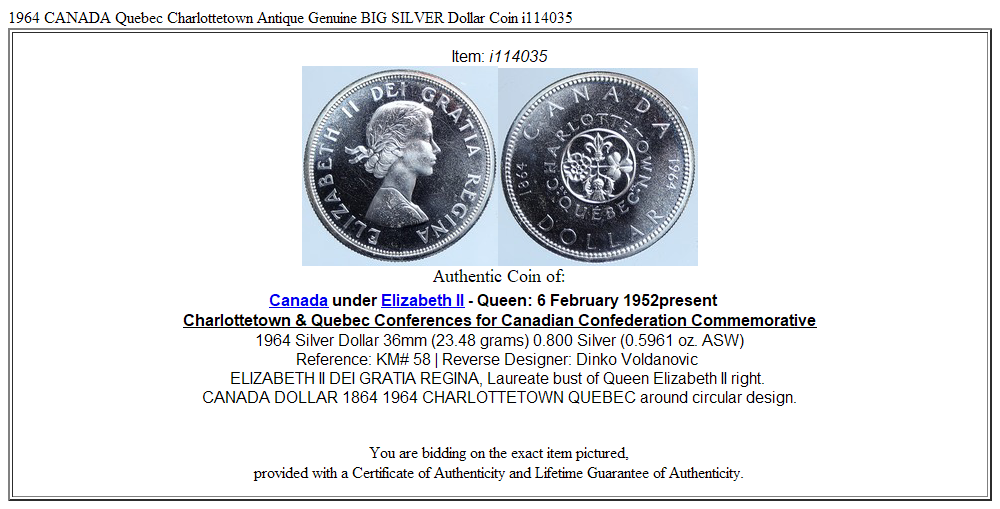 1964 CANADA Quebec Charlottetown Antique Genuine BIG SILVER Dollar Coin i114035