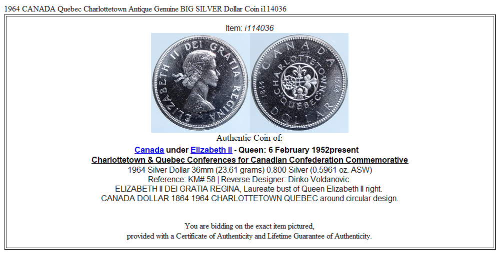 1964 CANADA Quebec Charlottetown Antique Genuine BIG SILVER Dollar Coin i114036