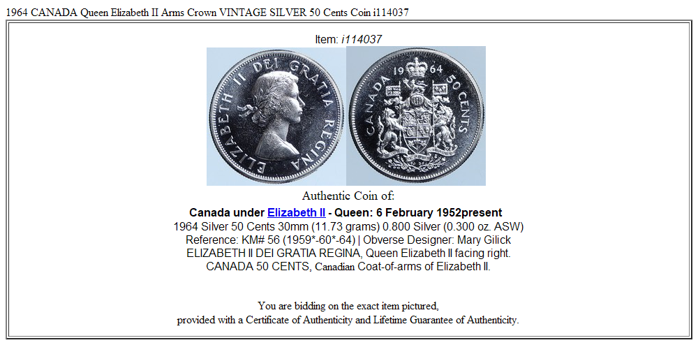 1964 CANADA Queen Elizabeth II Arms Crown VINTAGE SILVER 50 Cents Coin i114037