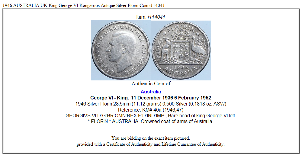 1946 AUSTRALIA UK King George VI Kangaroos Antique Silver Florin Coin i114041