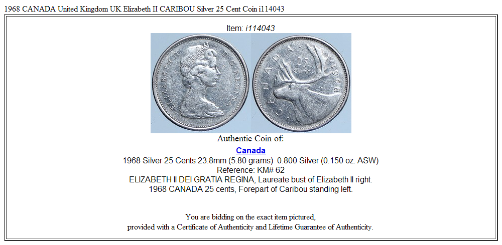 1968 CANADA United Kingdom UK Elizabeth II CARIBOU Silver 25 Cent Coin i114043