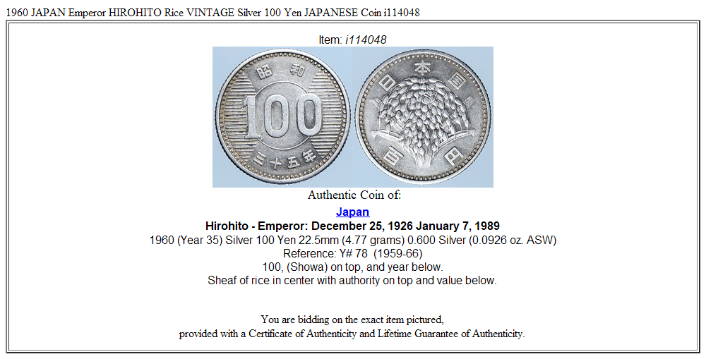 1960 JAPAN Emperor HIROHITO Rice VINTAGE Silver 100 Yen JAPANESE Coin i114048