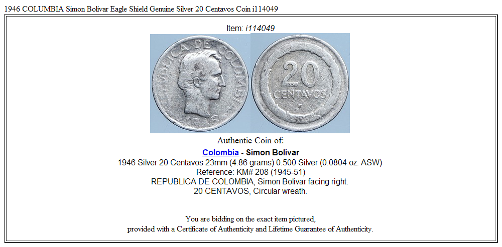 1946 COLUMBIA Simon Bolivar Eagle Shield Genuine Silver 20 Centavos Coin i114049