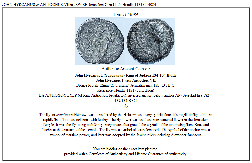 JOHN HYRCANUS & ANTIOCHUS VII in JEWISH Jerusalem Coin LILY Hendin 1131 i114084