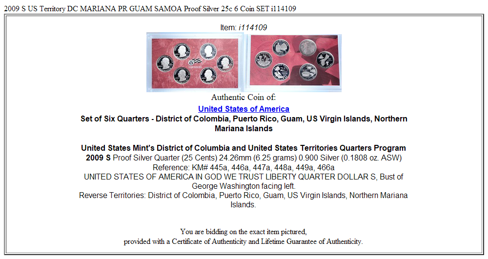 2009 S US Territory DC MARIANA PR GUAM SAMOA Proof Silver 25c 6 Coin SET i114109
