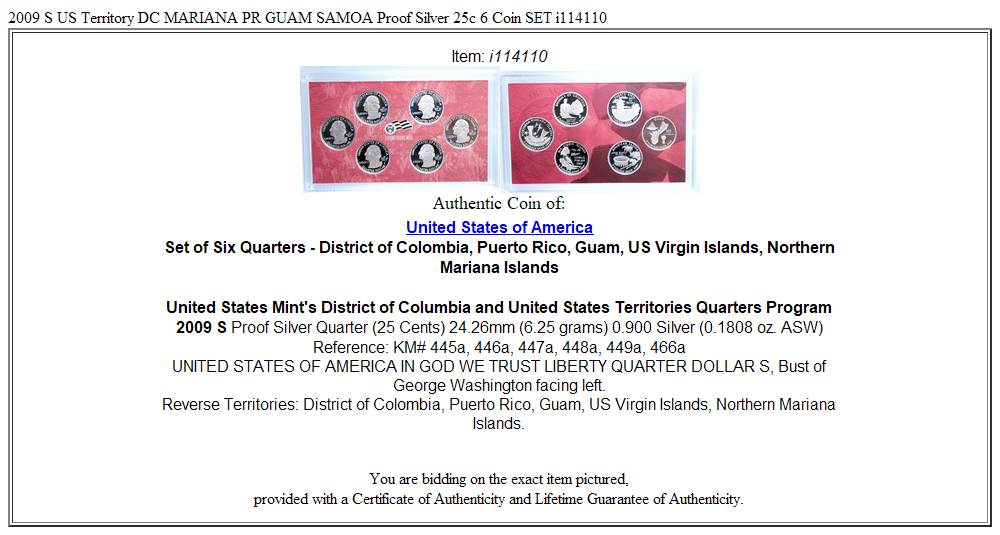 2009 S US Territory DC MARIANA PR GUAM SAMOA Proof Silver 25c 6 Coin SET i114110