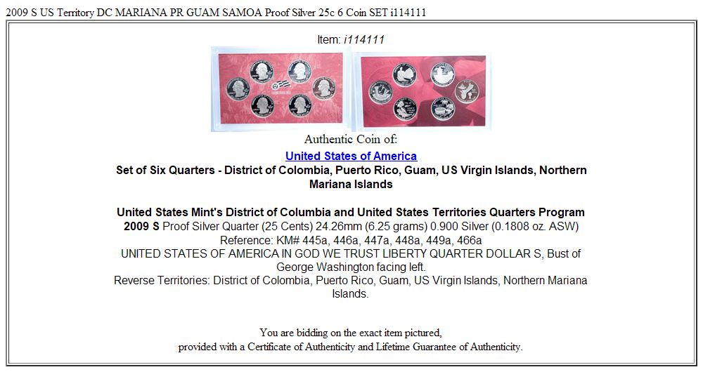 2009 S US Territory DC MARIANA PR GUAM SAMOA Proof Silver 25c 6 Coin SET i114111