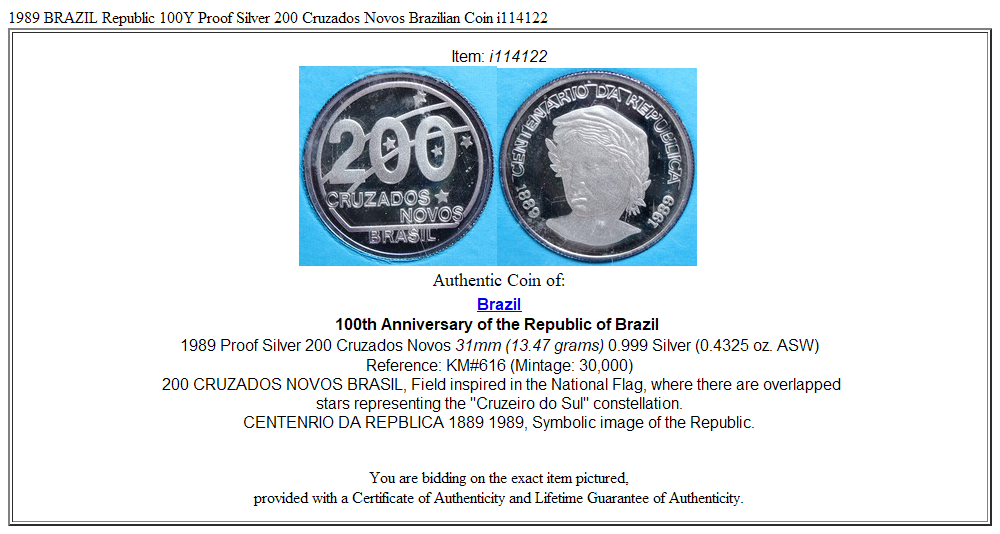 1989 BRAZIL Republic 100Y Proof Silver 200 Cruzados Novos Brazilian Coin i114122