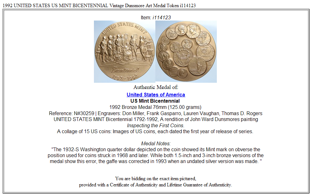 1992 UNITED STATES US MINT BICENTENNIAL Vintage Dunsmore Art Medal Token i114123