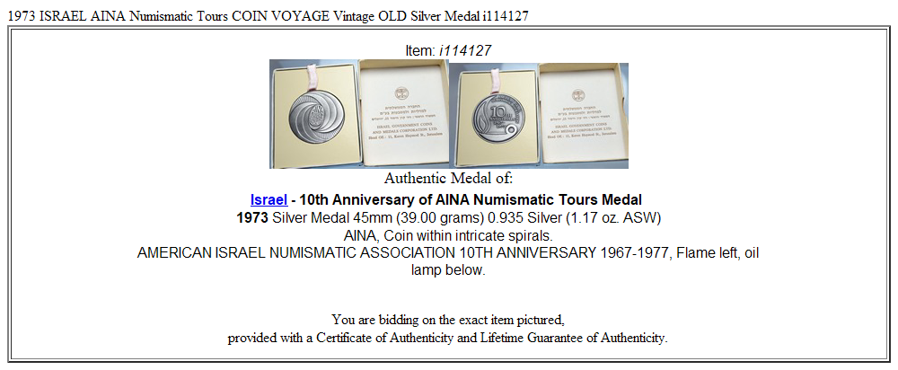 1973 ISRAEL AINA Numismatic Tours COIN VOYAGE Vintage OLD Silver Medal i114127