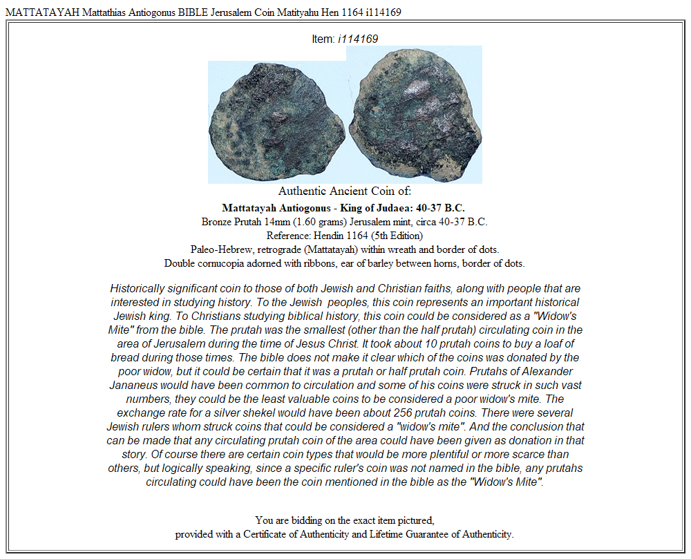 MATTATAYAH Mattathias Antiogonus BIBLE Jerusalem Coin Matityahu Hen 1164 i114169