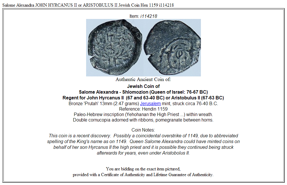 Salome Alexandra JOHN HYRCANUS II or ARISTOBULUS II Jewish Coin Hen 1159 i114218