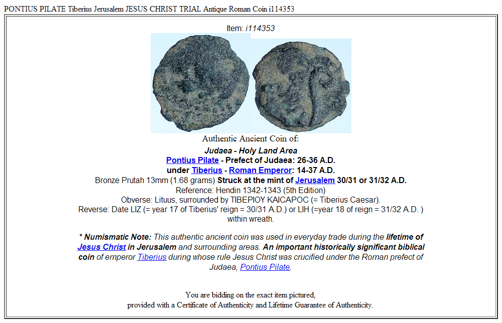 PONTIUS PILATE Tiberius Jerusalem JESUS CHRIST TRIAL Antique Roman Coin i114353
