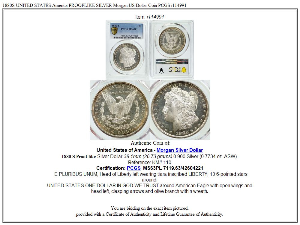 1880S UNITED STATES America PROOFLIKE SILVER Morgan US Dollar Coin PCGS i114991