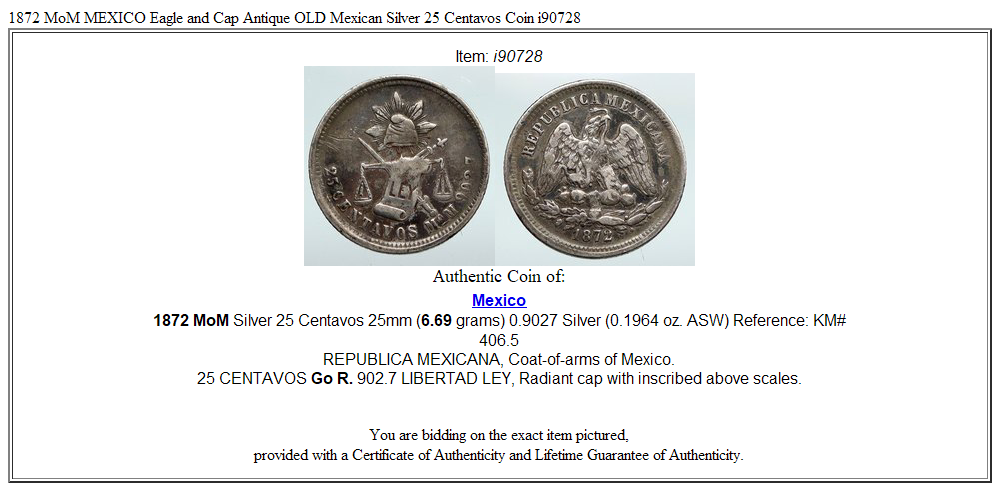 1872 MoM MEXICO Eagle and Cap Antique OLD Mexican Silver 25 Centavos Coin i90728