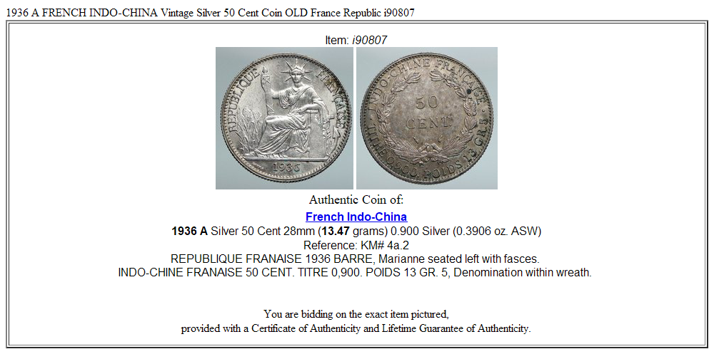 1936 A FRENCH INDO-CHINA Vintage Silver 50 Cent Coin OLD France Republic i90807