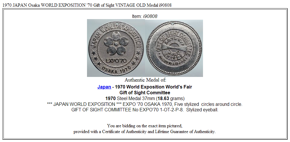 1970 JAPAN Osaka WORLD EXPOSITION '70 Gift of Sight VINTAGE OLD Medal i90808