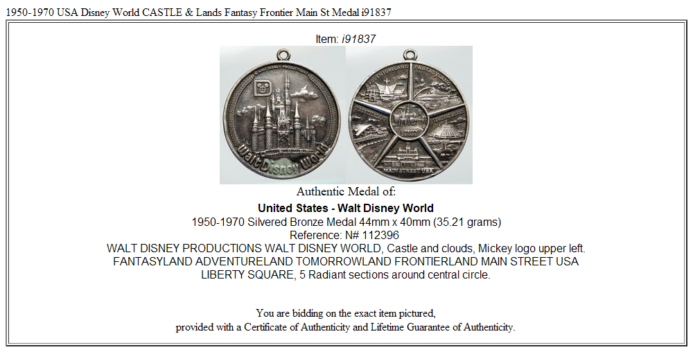 1950-1970 USA Disney World CASTLE & Lands Fantasy Frontier Main St Medal i91837