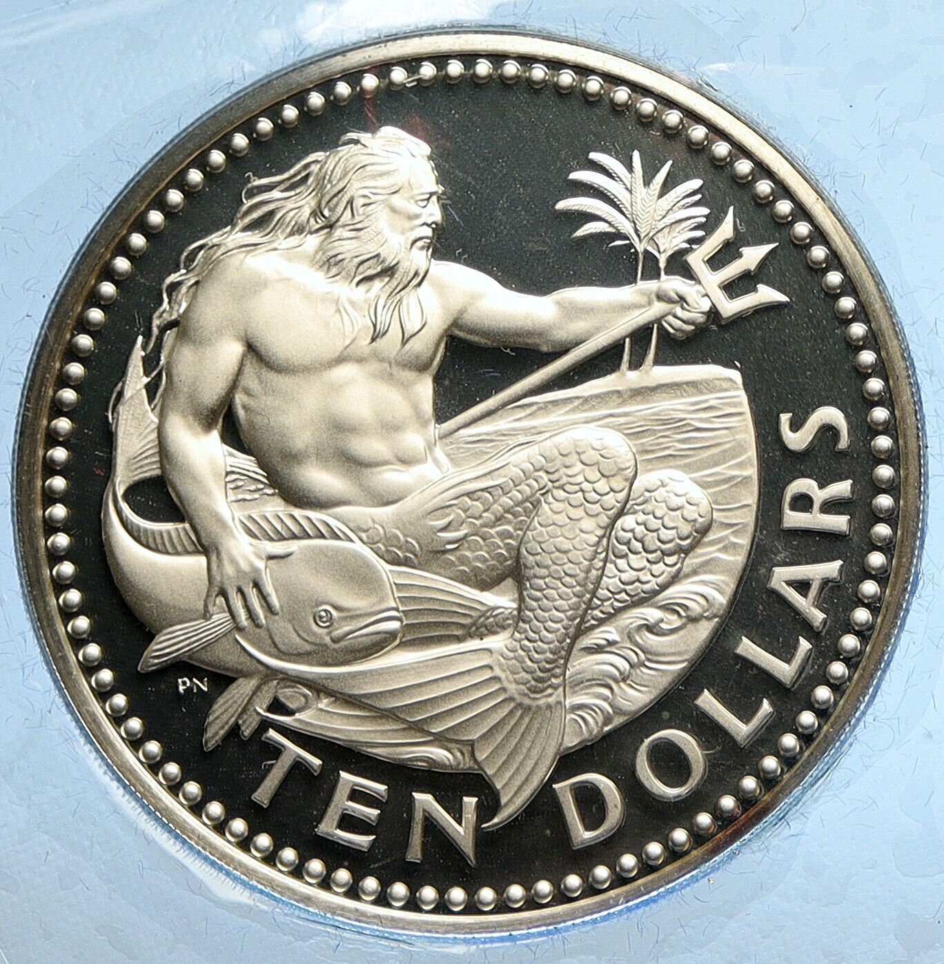 1974 BARBADOS Huge VINTAGE NEPTUNE Old Proof Silver 10 Dollars Coin i112731