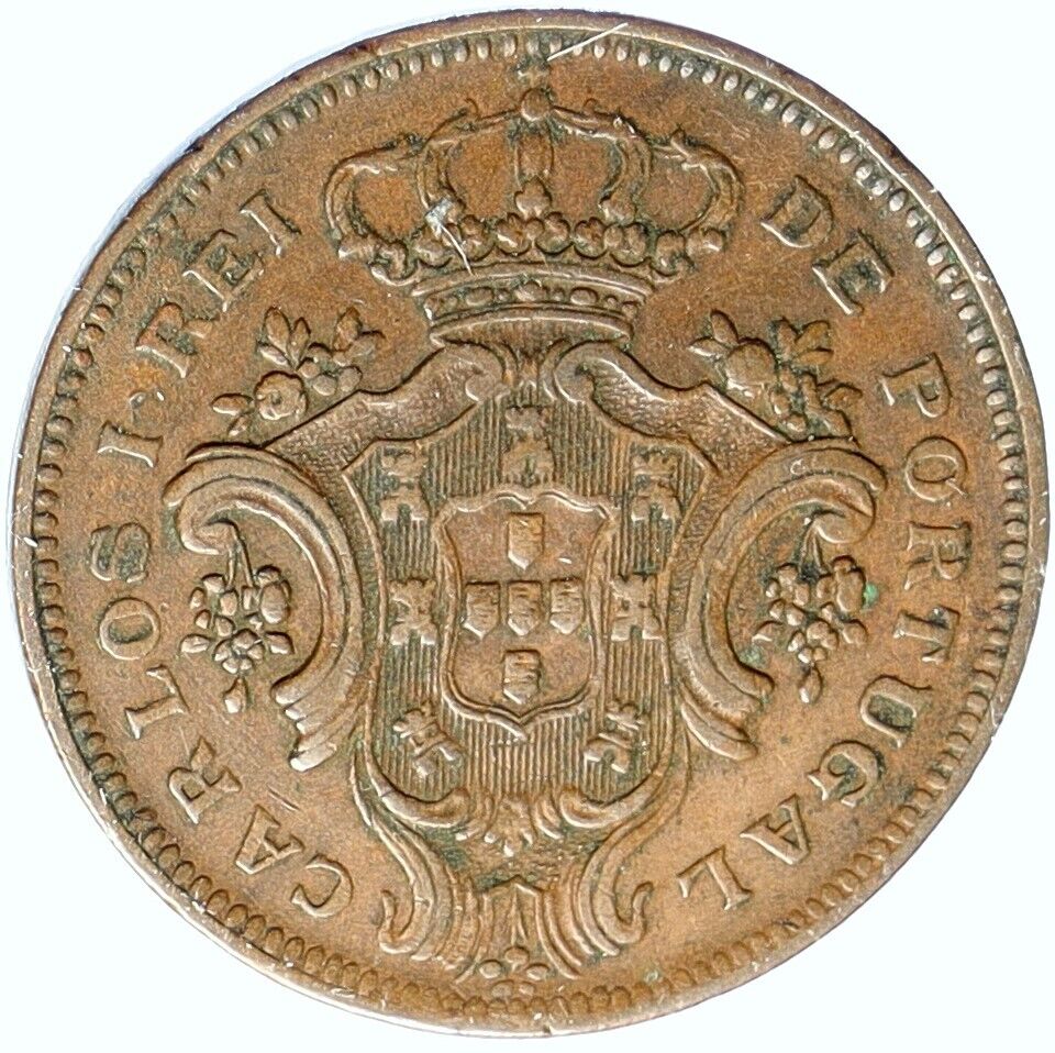 1901 PORTUGAL King Carlos I Charles the Diplomat 10 Reis Portuguese Coin i113248